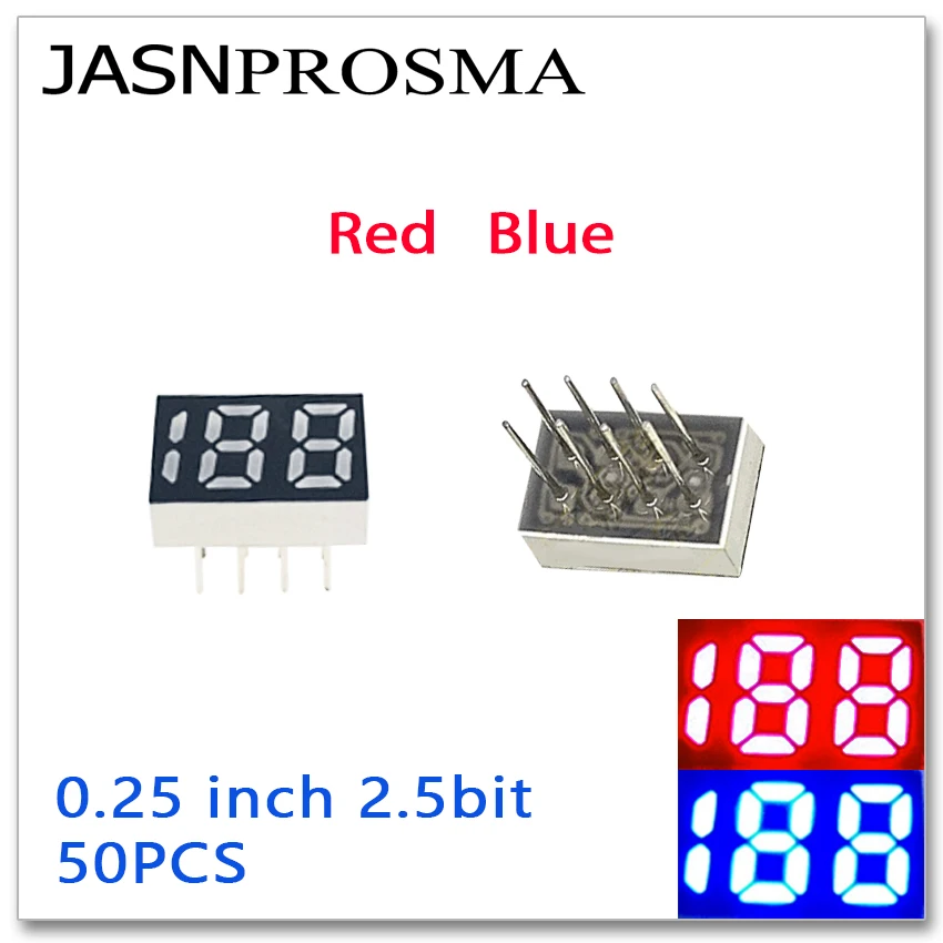 JASNPROSMA 50PCS 0.25 inch 2.5bit 8pin Mobile power LED Display screen digital tube red blue Common Anode 7 Segment 0.25inch 188