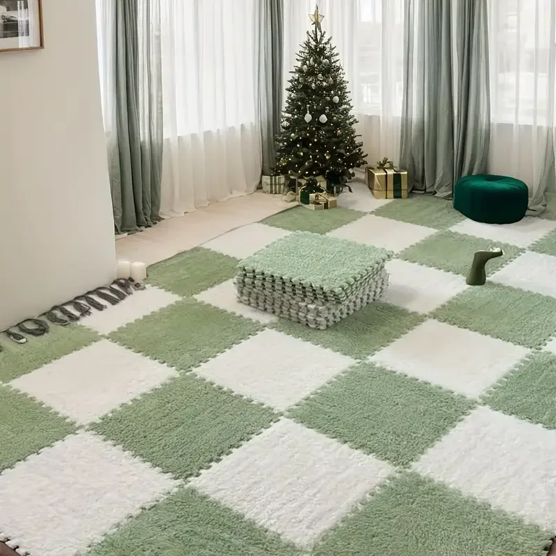 Checkerboard Rug Shaggy Play Mat Interlocking Foam Carpet Tiles Soft Non-Slip Washable Puzzle Mats for Kids Nursery Bedroom