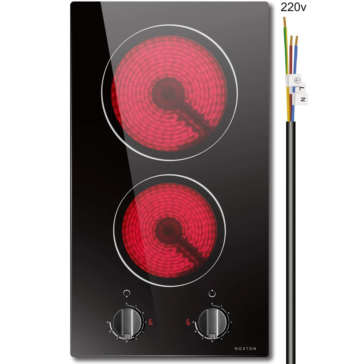 نوكستون 110 فولت موقد سيراميك كهربائي 2 شعلة، توصيل 12 بوصة، 2000 وات، استخدام مدمج أو عداد، 9 مستويات طاقة، تحكم في المقابض