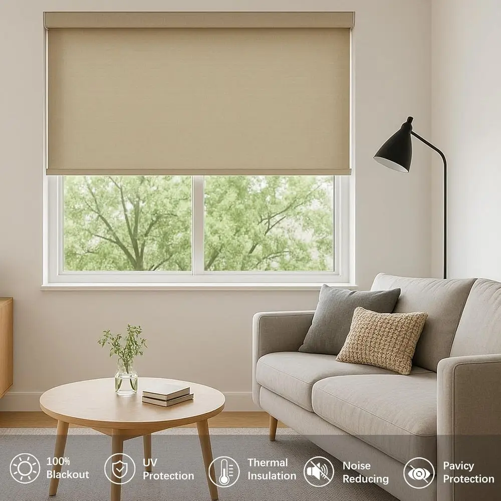 무선 암막 롤러 쉐이드, 자외선 차단 린넨 원단, 단열, 34x72 베이지색 가정 및 사무실용