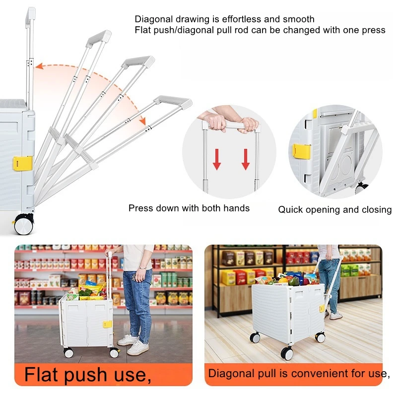 Magnetic-Attachment Integrated Grocery Cart with Swivel Wheels Foldable Aluminum Alloy Trailer for Household Shopping