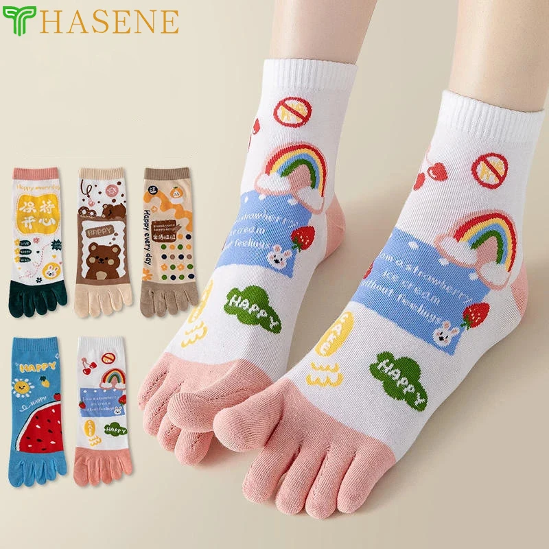 1 para wiosenne damskie skarpetki z pięcioma palcami Cartoon śliczne z rozcięciem na palcach oddychające japonia kawaii bawełniane damskie skarpetki z rozcięciem w stylu Harajuku