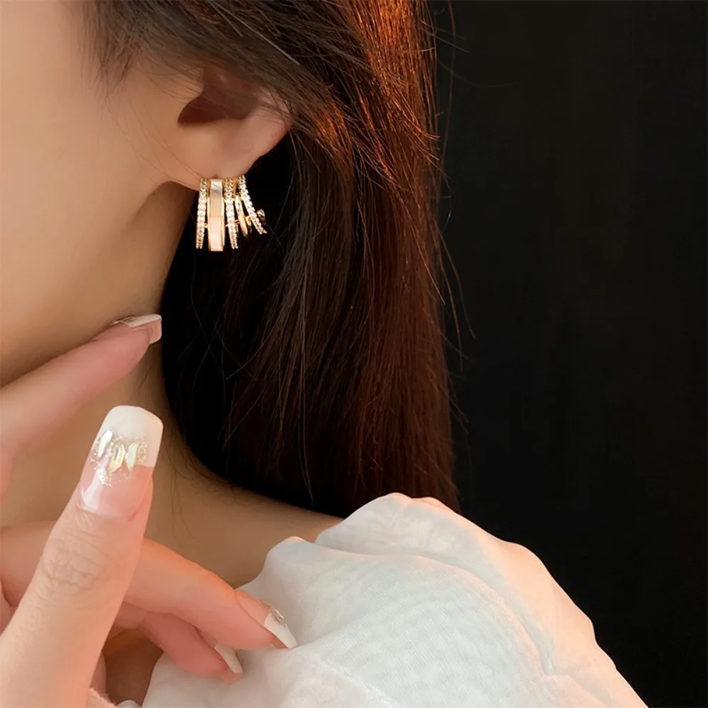 Classic Luxury Gold Color Multi-layered C-shaped Inlaid Zircon Stud Earrings for Women Fashion Anniversary Couple Date Jewelry