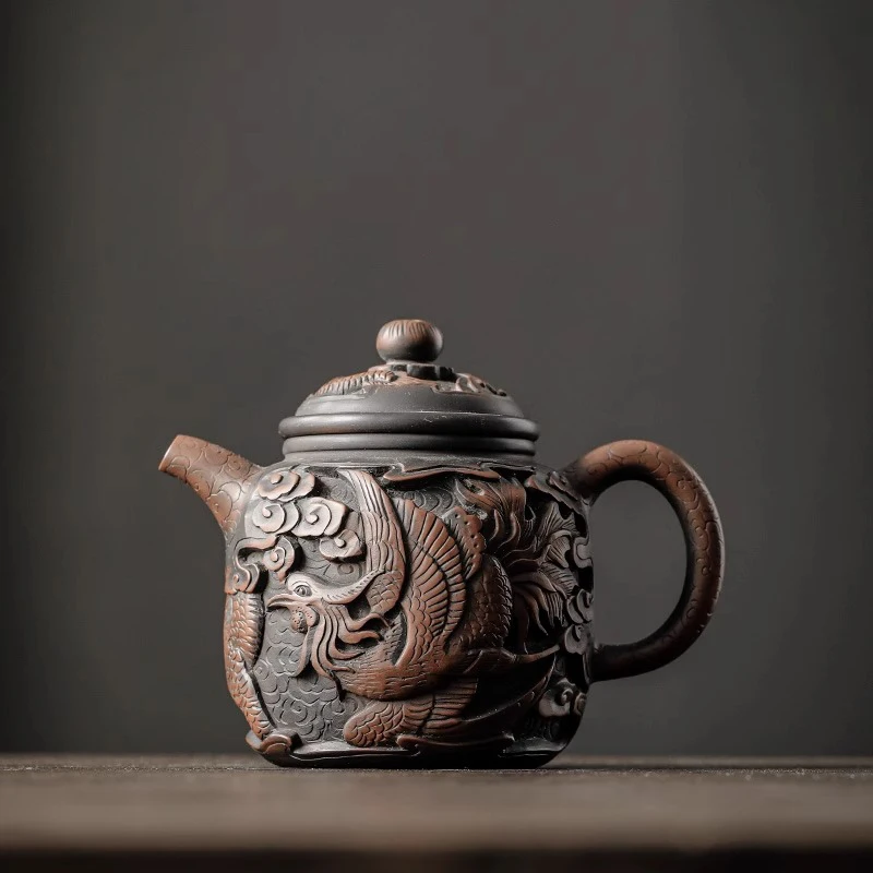 Yunnan Jianshui Purple Pottery Teapot Fully Handmade Deep Carving Golden Bell Teapot Handmade Dragon Phoenix Teapot