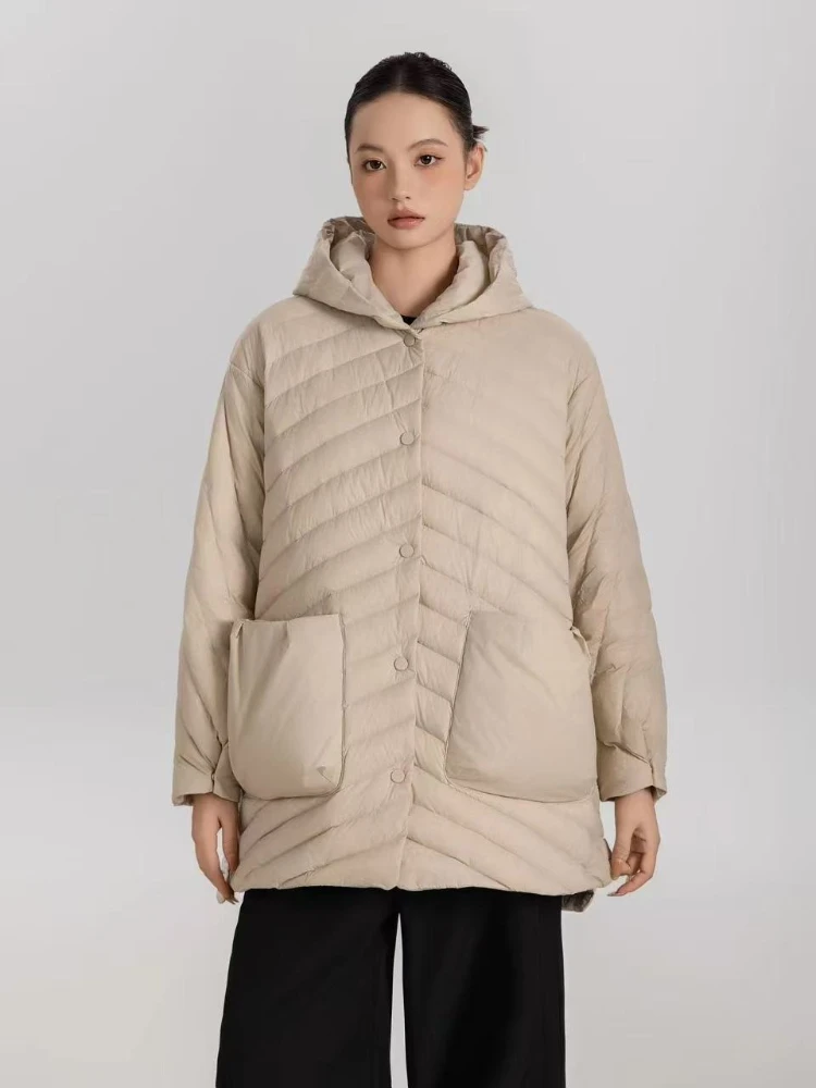 2025年冬 超軽量 パフジャケット レディース 90% ホワイトダックダウン コート ルーズ フード付き カジュアル パーカー 防風 ベーシック アウター