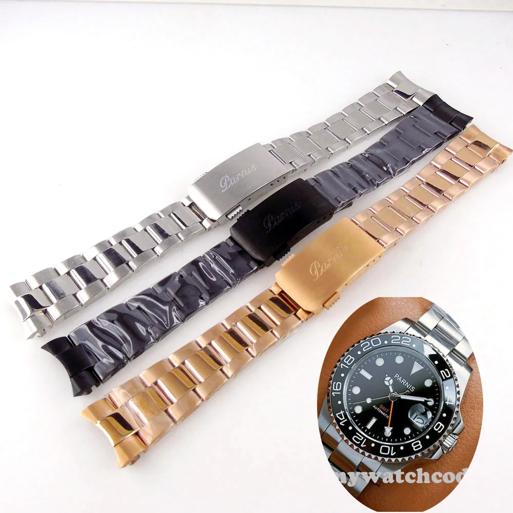 

PARNIS 20mm 316L Stainless Steel Bracelet Rose Gold Black Wristband for GMT SUB Diving Clock Accessories Metal Strap