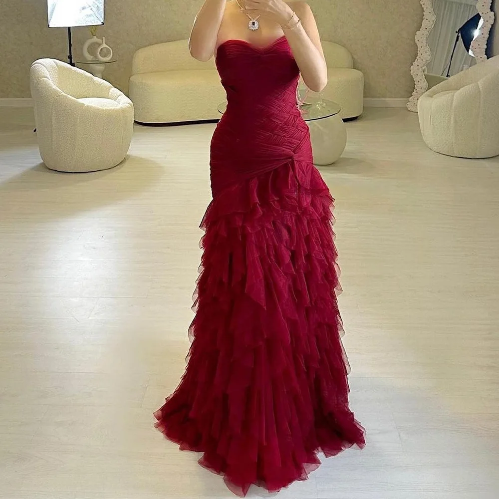 High Quality and Temperament A-Line Strapless Sleeveless Evening Dress Floor Length Lace Up Back Pleats Tiered Homecoming Gowns