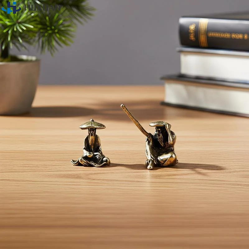 Vintage Brass Miniature Fisherman Figurines Ancient Chinese Bonsai Metal Statue Decorations Micro Landscape Ornaments