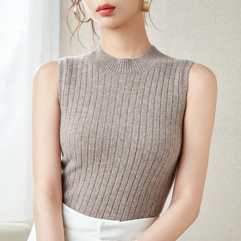 LONGMING Knitted Sleeveless Vests 100% Merino Wool Sweater Women Spring Cashmere Trutleneck Pullover Fashion Top Female Clothing