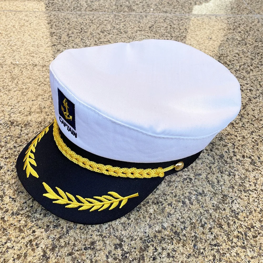 White Navy Captain Hat for Sun Protection, Sailor Costume Hat with Embroidery, Flat Top Party Hat Cross Border Wholesale