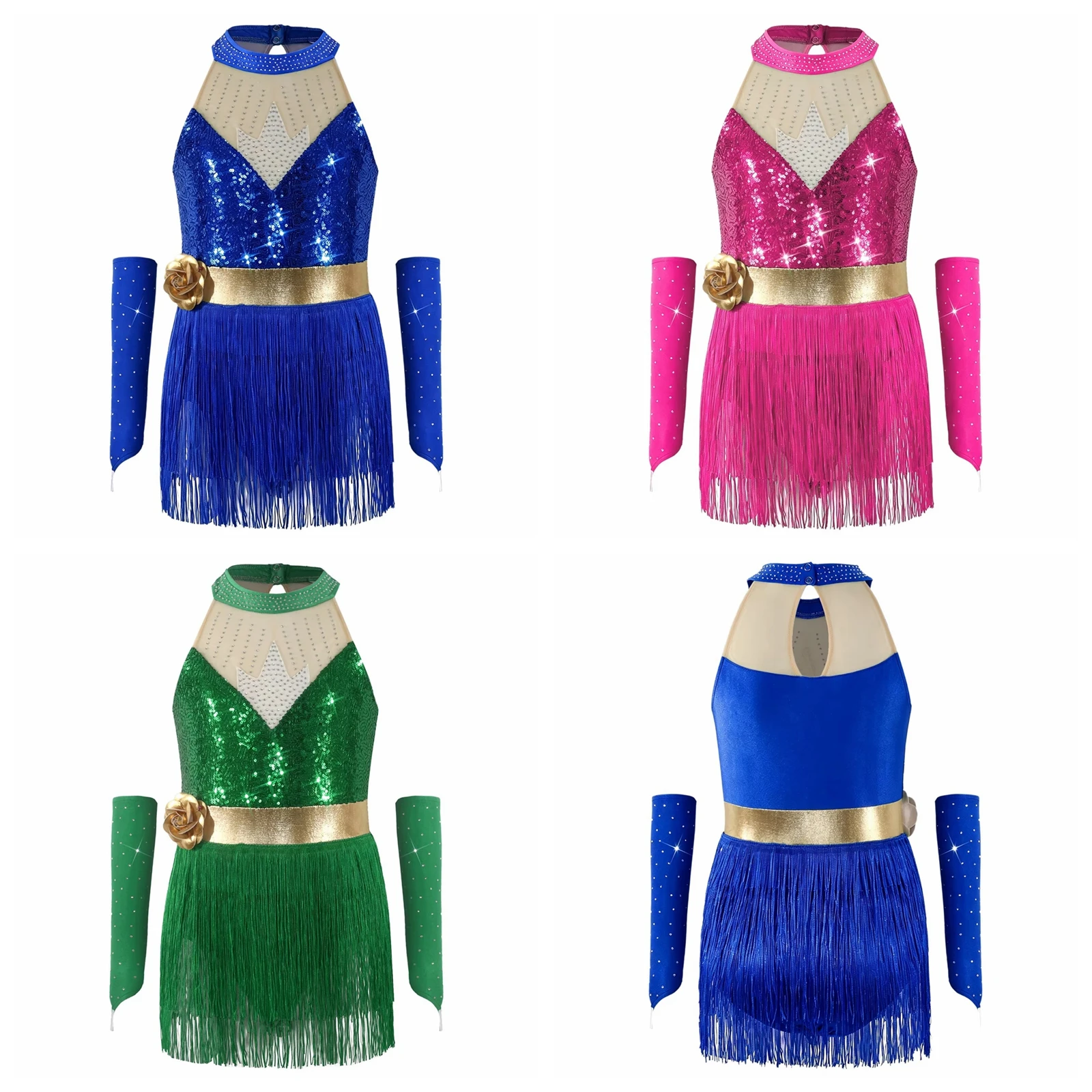 Kids Girls Tassel Latin Dance Costume Sleeveless Jumpsuit Chacha Tango Dress Stage Performance Outfits Rumba Fringed Leotard