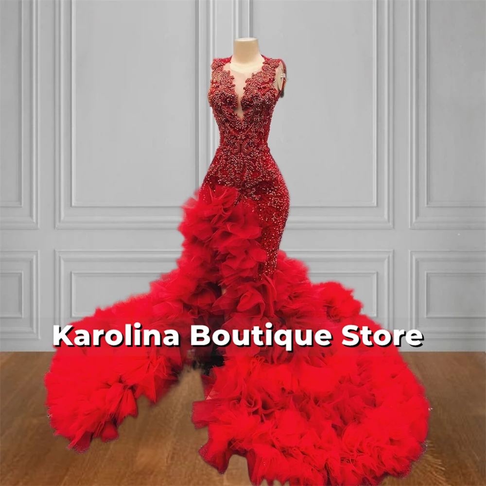 

Impressive Red Crystal Beading Prom Dress Blackgirls 2025 High Split With Ruched Train Birthday Party Dress Special Customized