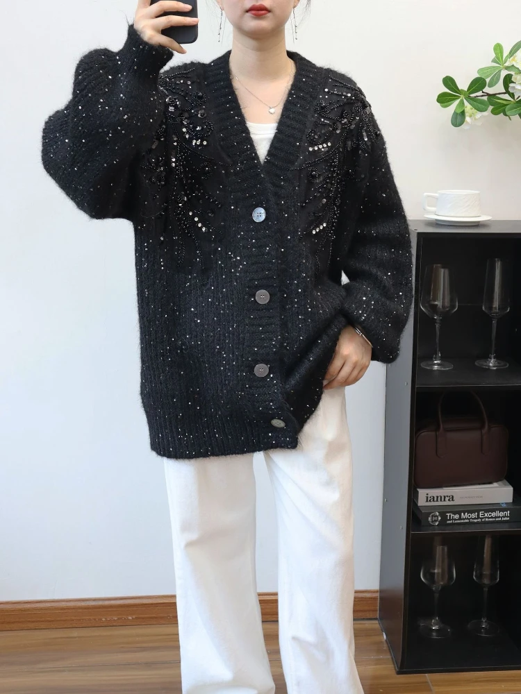 Autumn Jacket Elegant V-Neck 3D Beaded Flower Design Sweater Women's Loose Long-Sleeved Knitted Cardigan Mid-Length Female Tops