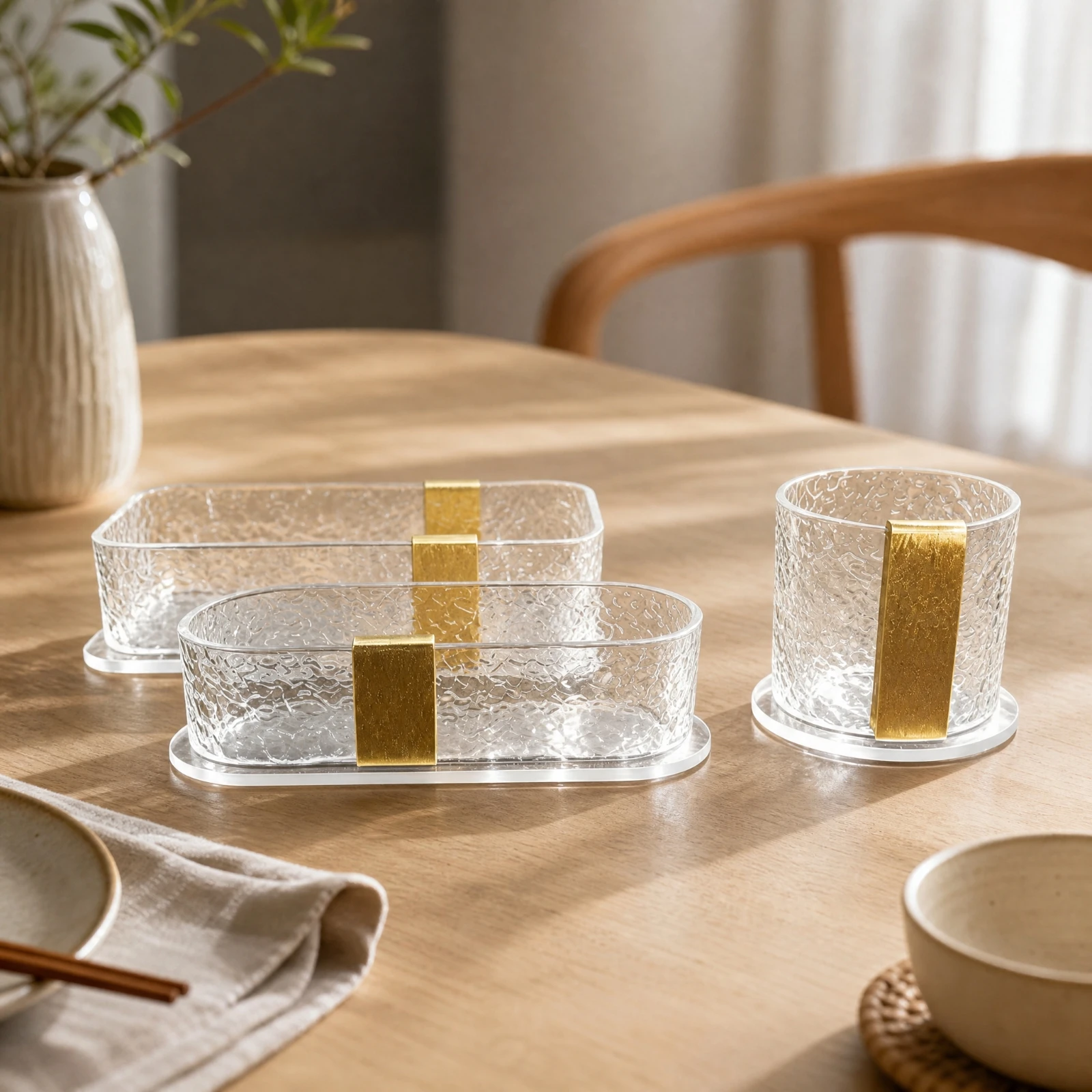 Clear Acrylic Serving Platters Set of 3 with Hammered Texture Gold Accent Plate for Buffet Display Dishes Hot Pot Party