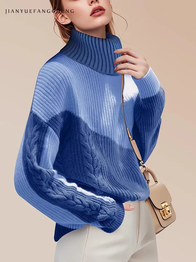 Women' Blue Color Blocking Turtleneck Sweater 2024 Fall Winter Warm Thicken Knitted Sweater Loose Casual Long Sleeve Tops