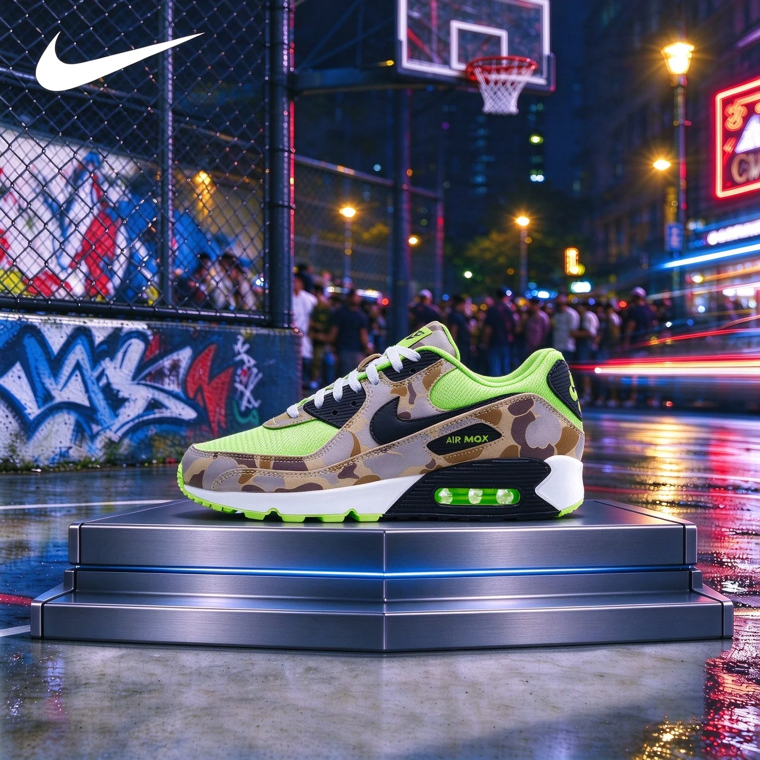 Nike Air Max 90, Fluorescent Green Camouflage, Retro Sneakers, Leather, Sole with Air, Classic Cw4039-300
