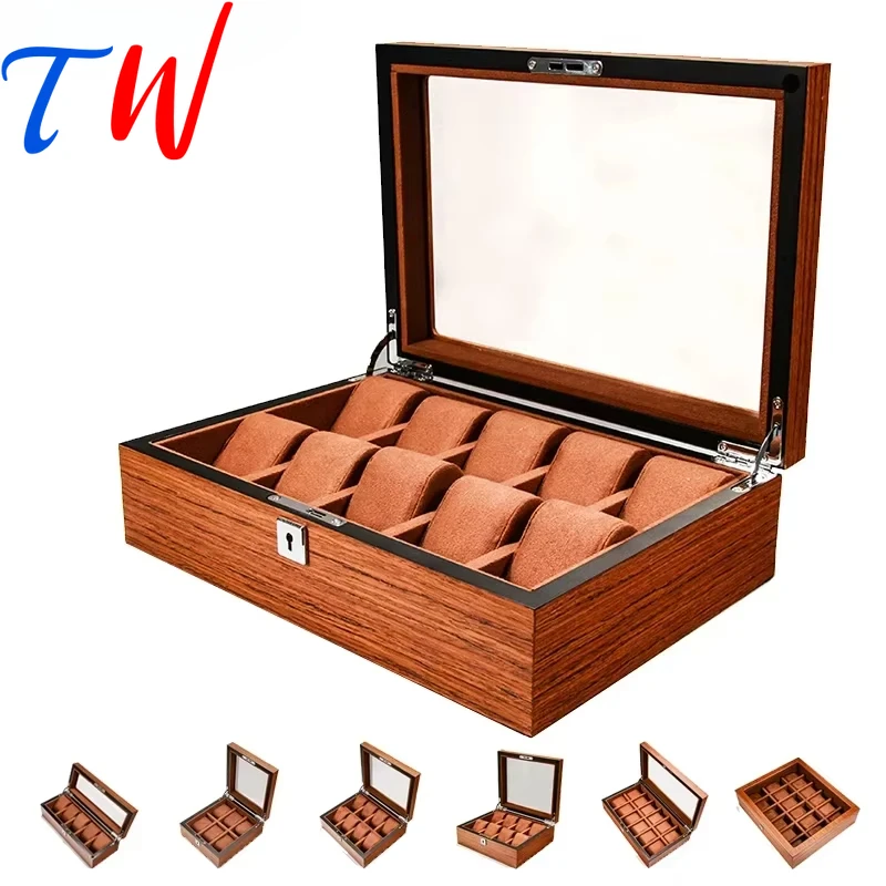 Luxury Wooden Watch Display Case Multi Slot 6/8/10/12/18 Skylight Watch Organizer with Lockable Glass Top Home Storage System