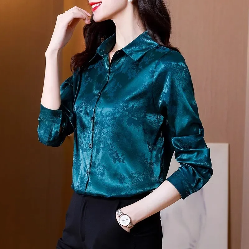 

Satin Women's Shirt Spring/Summer Silk Vintage Prints Blouses Loose Women Tops Floral Long Sleeves Fashion Clothing YCMYUNYAN