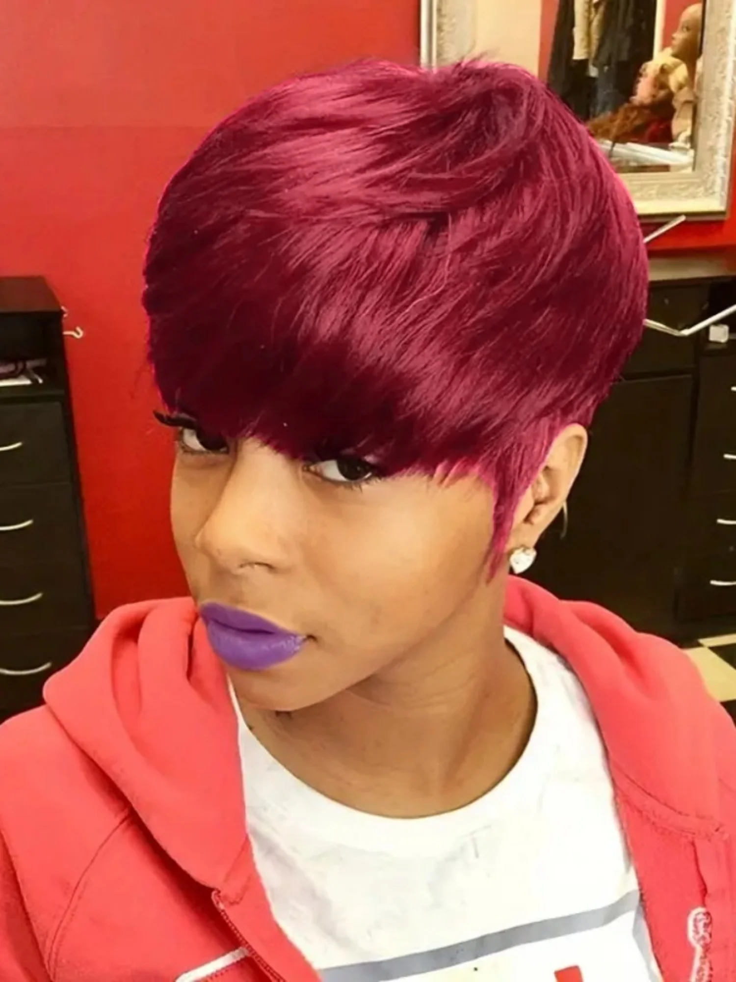 짧은 레이어드 픽시컷 인모 가발 앞머리 포함 풀 머신 메이드 브라질리언 인모