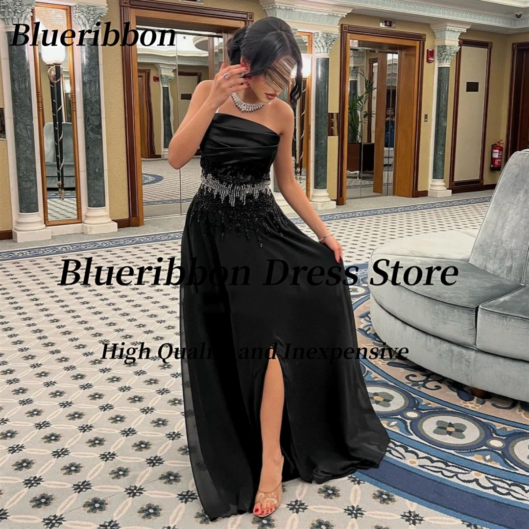 Blueribbon Black Chiffon Side Slit Prom Party Dresses Ruched Strapless Beaded Sash Robe Des Marrige Lace Up Back Evening Gowns