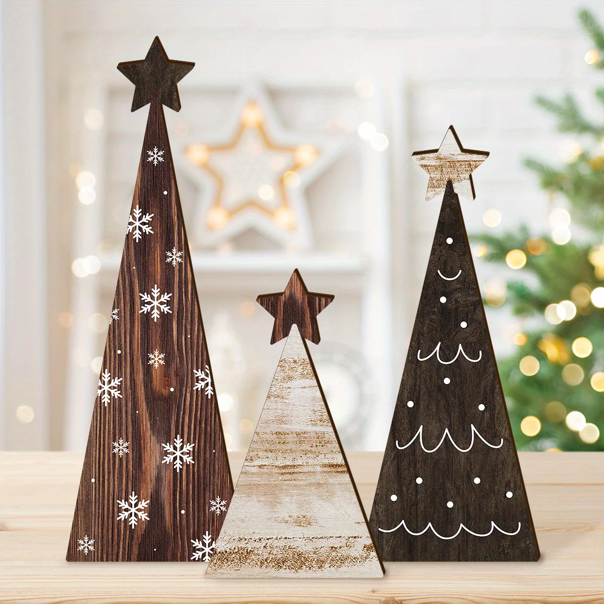 3 Pieces of Randomly Assorted Vintage Wooden 2D Flat Thickened Christmas Tree Table Decorations, Rustic Farmhouse Style Wooden Christmas Centerpieces, No Electricity or Batteries Required, Suitable for Holiday Home and