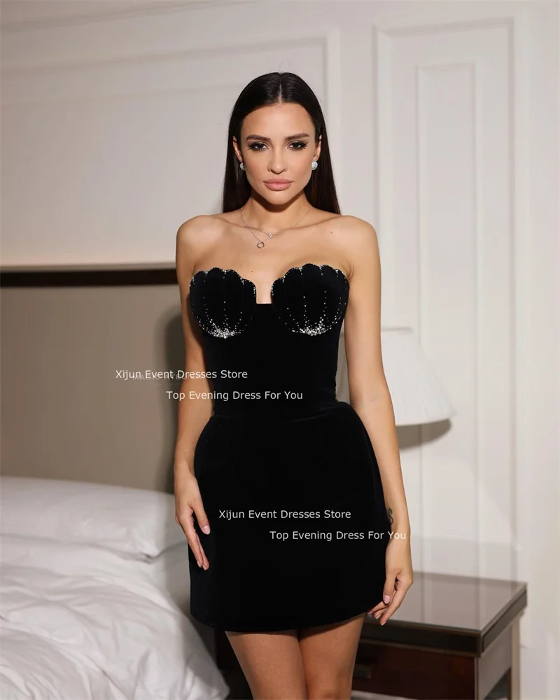 Xijun Modern Black Velvet Short Prom Dresses Dubai Arabic Women Shiny Beads Mini Sexy Cocktail Dress Evening Birthday Gown Women