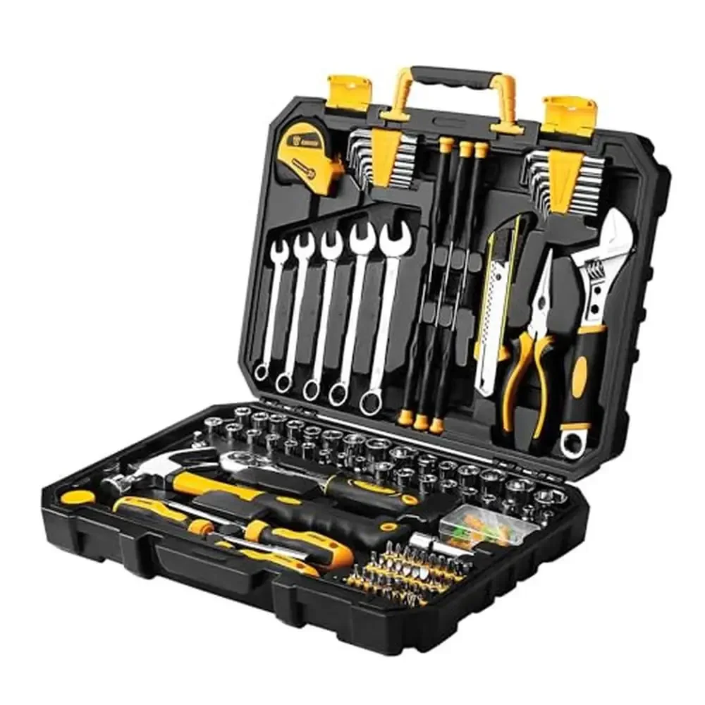 

158-Piece Tool Set with Case Steel Auto Repair Kit Combination Wrenches Pliers Ratchet Adjustable Hammer Measure Tape Drive