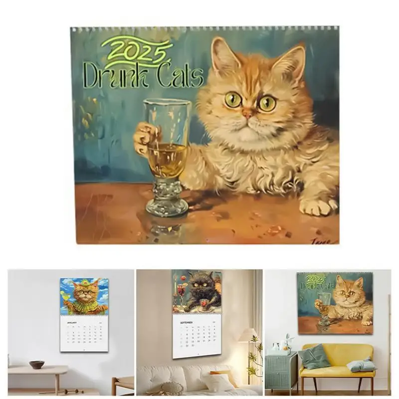 Calendrier Vertical Mensuel de 12 Mois pour Famille, Boire des Chats Mignons, Cliquer sur le Vin, Licence Organi, 2025