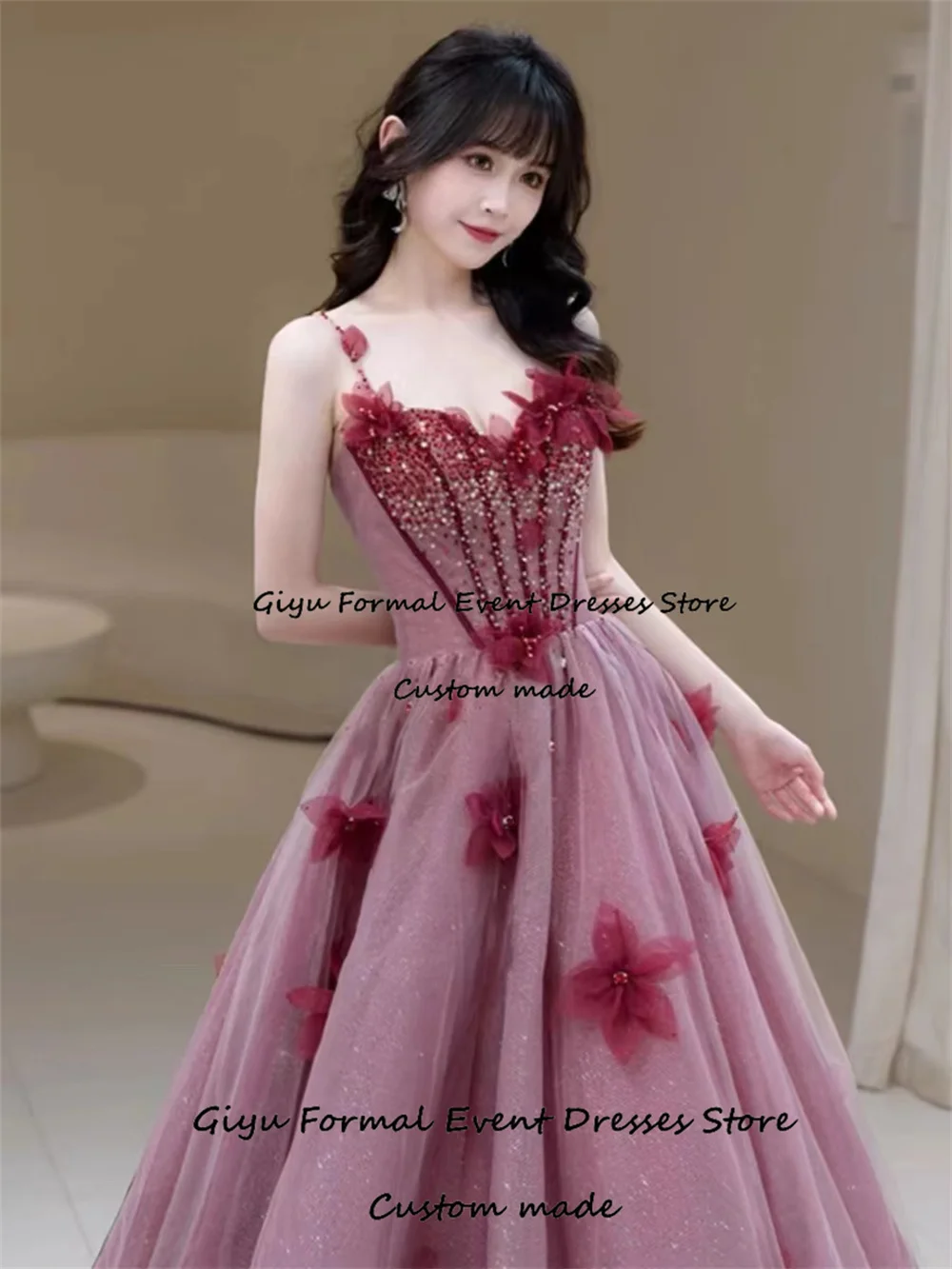 Giyu Fairy 3D Followers Evening Gown Dress Shining Spaghetti Strap Floor-Length Wedding Party Dress Graduation Dress