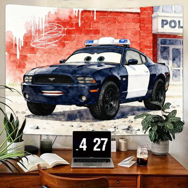 

1PC Cool Cartoon Police Car Tapestry Watercolor Wall Art Modern Home Decor for Kids Boys Bedroom Living Room Gift for Car Lovers