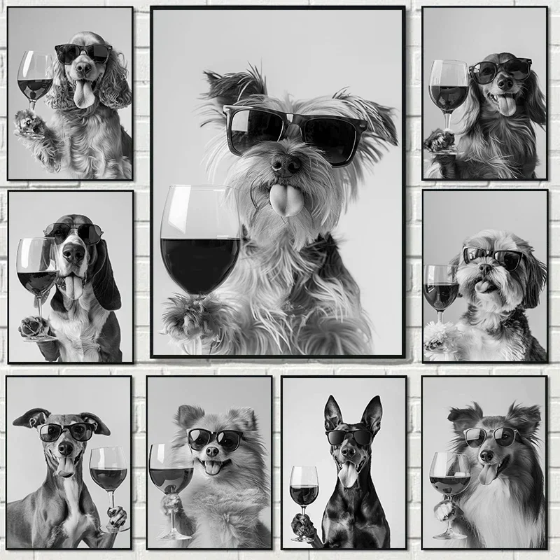Interesting labrador Dog Schnauzer Black White Animals Portrait Poster Canvas Paintings Wall Art Pictures Pet Store Home Decor