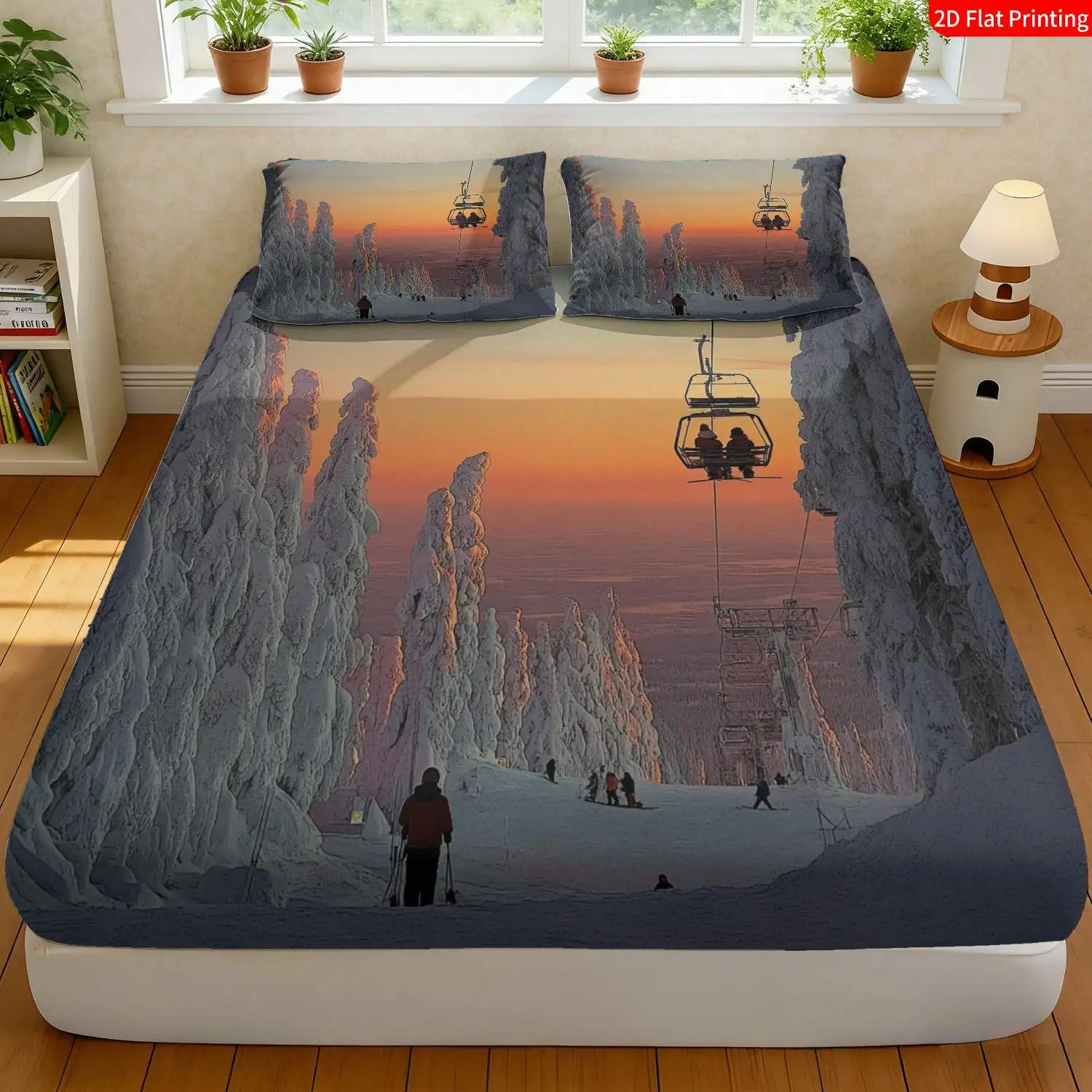 Ski Resort Themed Bedding Set with Digital Print of Trees and Cableways, Three-Piece Fitted Sheet Set, Three-Piece Bedding Set (Includes 1 Fitted Sheet + 2 Pillowcases), 3-Piece Set, Large Deep Pocket Fitted Sheet with 2D Print and 2 Pillowcases, Fitted Sheet Style with Elastic Band, Protective Cover, Mattress Protector, Fitted Sheet Style with Elastic Band, Suitable for All Seasons, Machine Washable Design, Holiday Decoration, Various Sizes, Breathable Protective Cover Plus Pillowcase