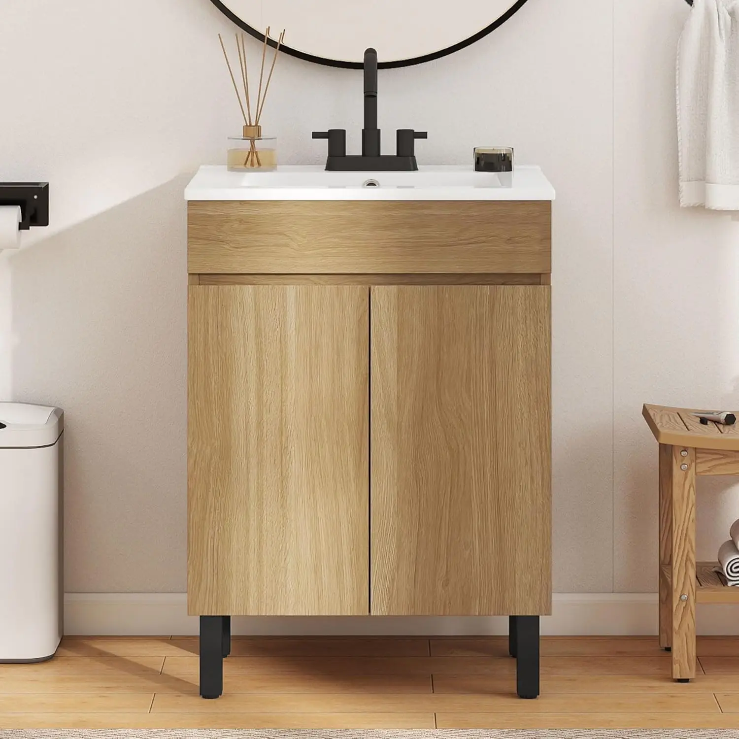 24in Bathroom Vanity Sink Combo Freestanding Cabinet 2 Soft Close Doors Small Space Natural Brown, Customized