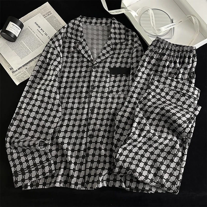 DAIMELU منامة الرجال الربيع ملابس خاصة مجموعة الخريف منقوشة طويلة الأكمام الذكور القطن المتسكعون يمكن ارتداؤها خارج بدلة فضفاضة الشباب #5