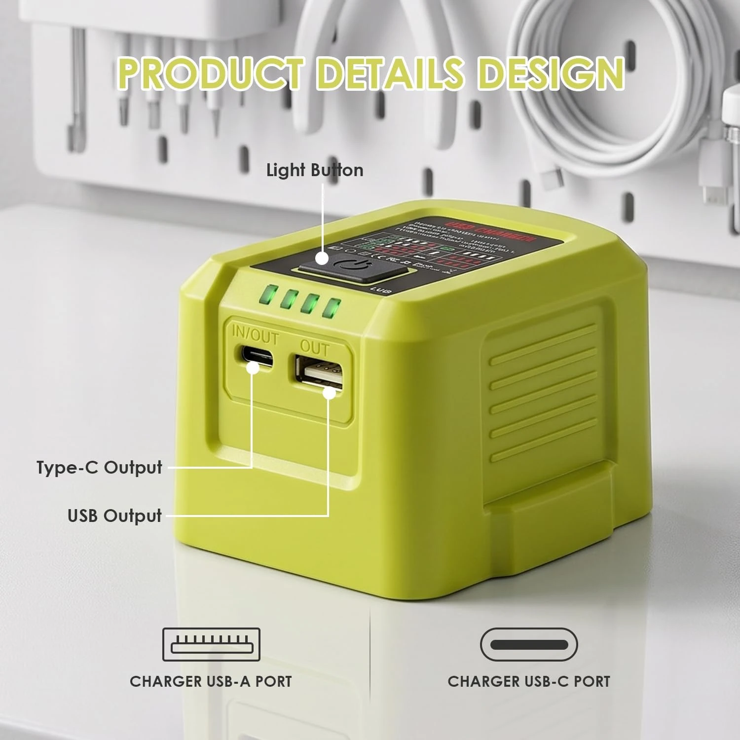 100W Portable USB Battery Charger For Ryobi ONE+ 18V Battery, Type-C  & USB-A for Work RV Camping Travel, No Battery