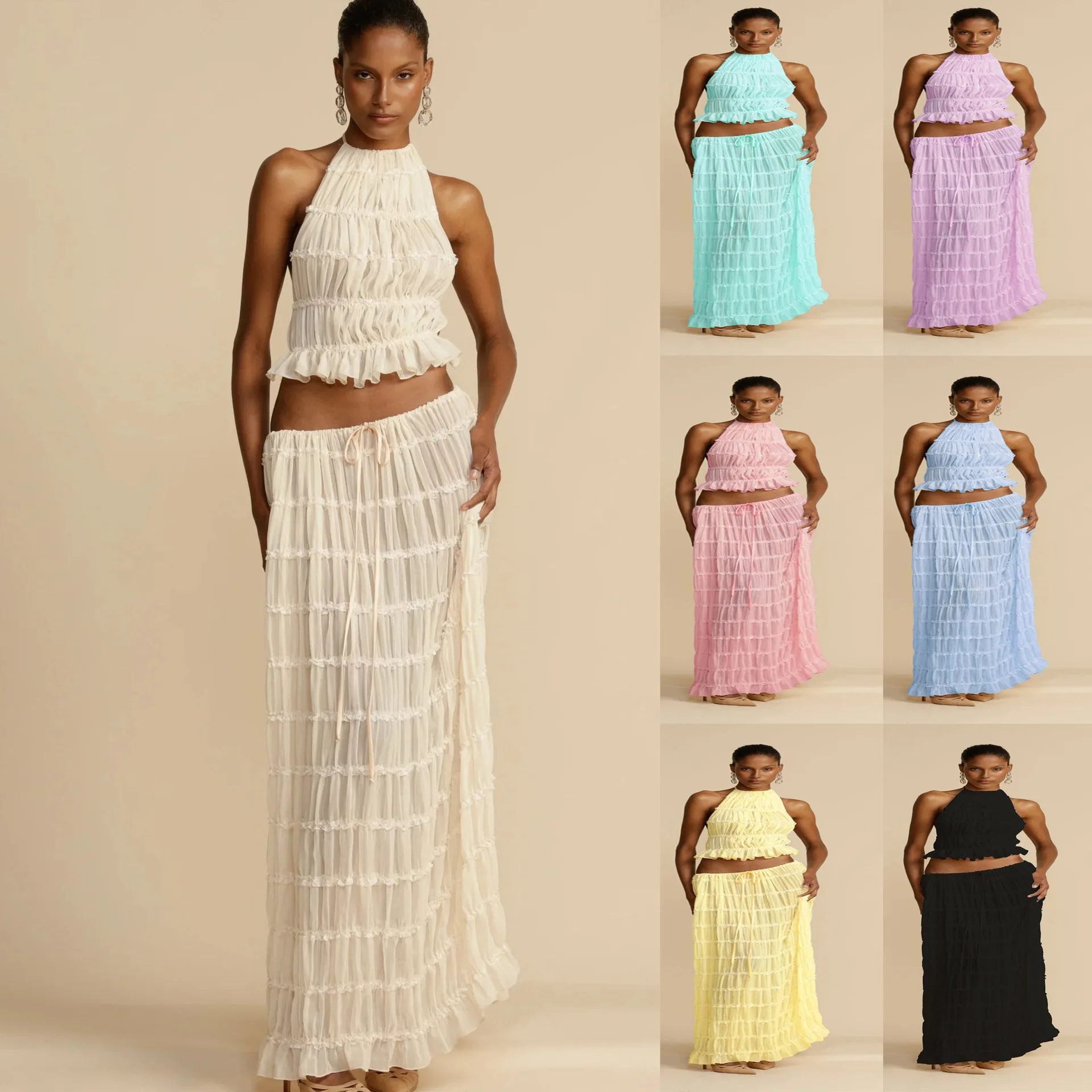 

Женский комплект весенне-летнего платья, комплект с юбкой, повседневный однотонный комплект с круглым вырезом без рукавов, модный, удобный, обычный, стандартный, сексуальный, элегантный