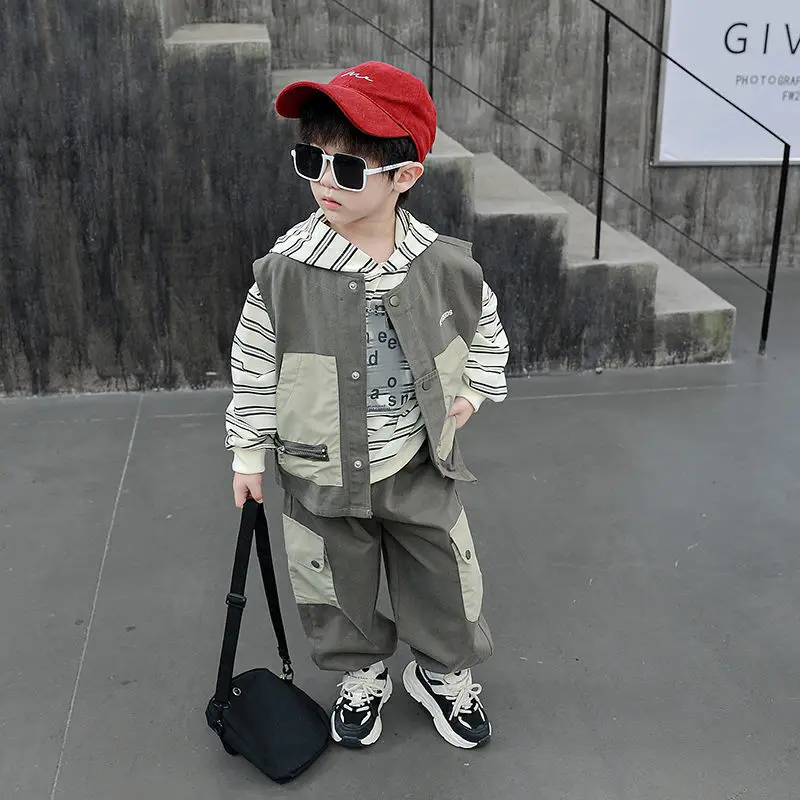 Boys' Spring And Autumn 3-piece Sets 2025 New Style Handsome Children' Workwear Vest Hoodies Pants Korean Street Sets