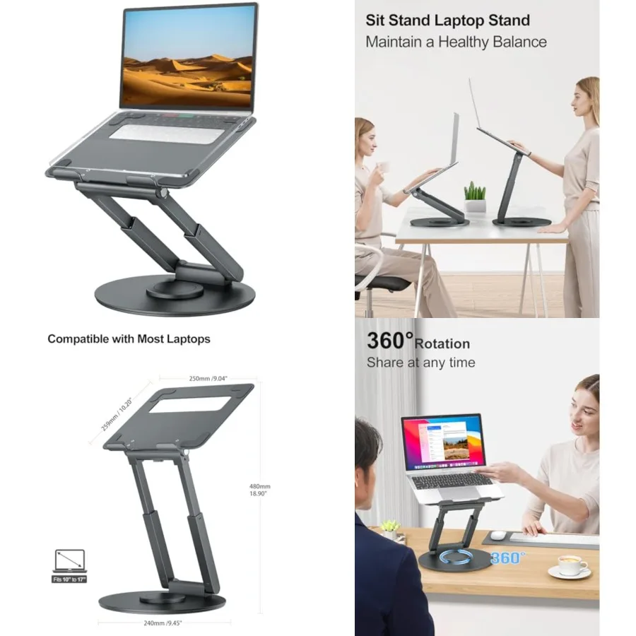 Telescopic Laptop Stand for Desk with 360° Swivel Base, Sit to Stand, Height Adjustable, Portable Riser Holder for Good Posture, Compatible with MacBook Pro, All Laptops 10-17
