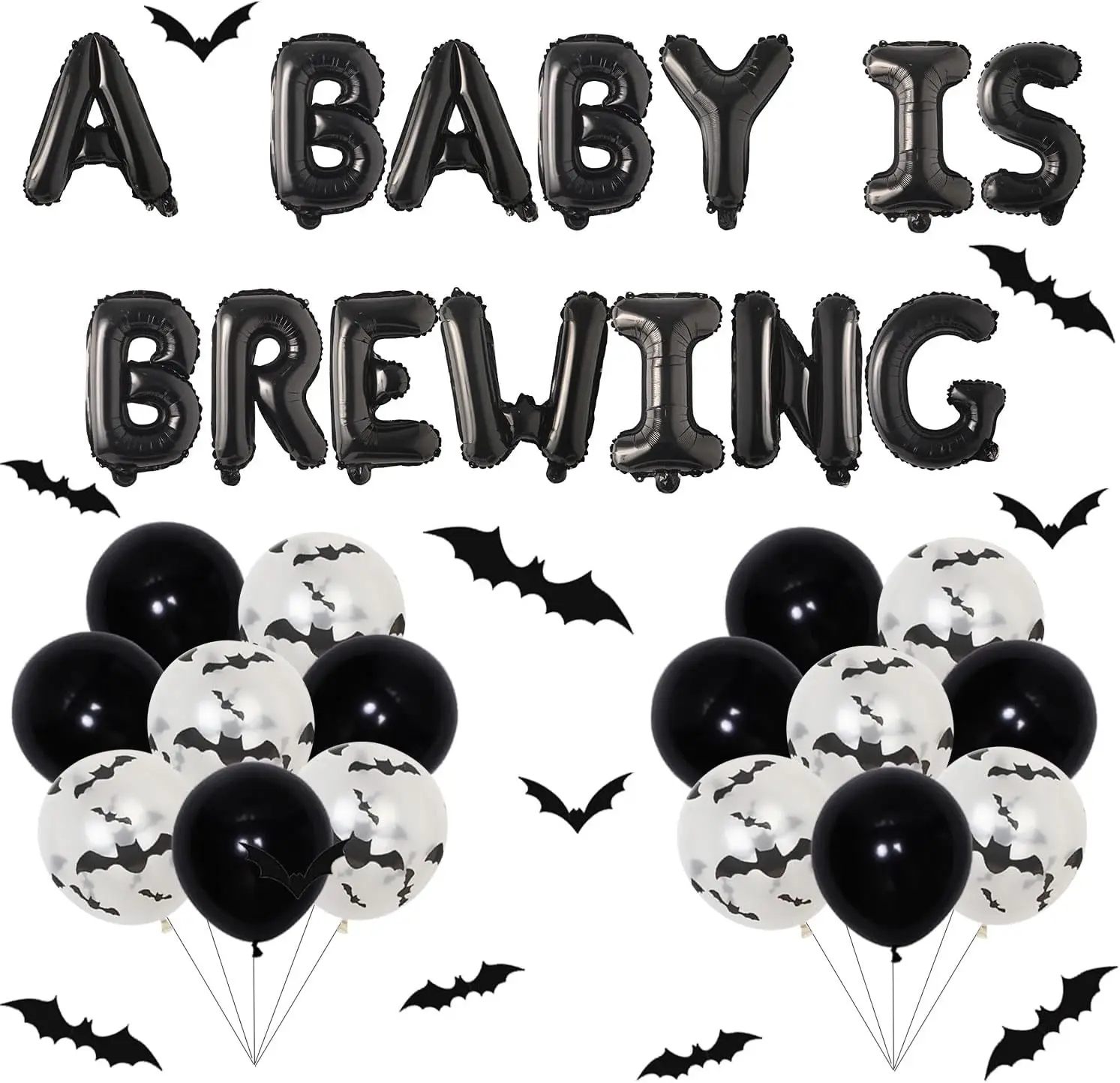 36Pcs Halloween A Baby Is Brewing Baby Shower Decorations A Baby Is Brewing foil Balloons Banner Black White Latex Balloons 3D Bat Wall Stickers for Halloween Themed Baby Shower Party Decor Supplies