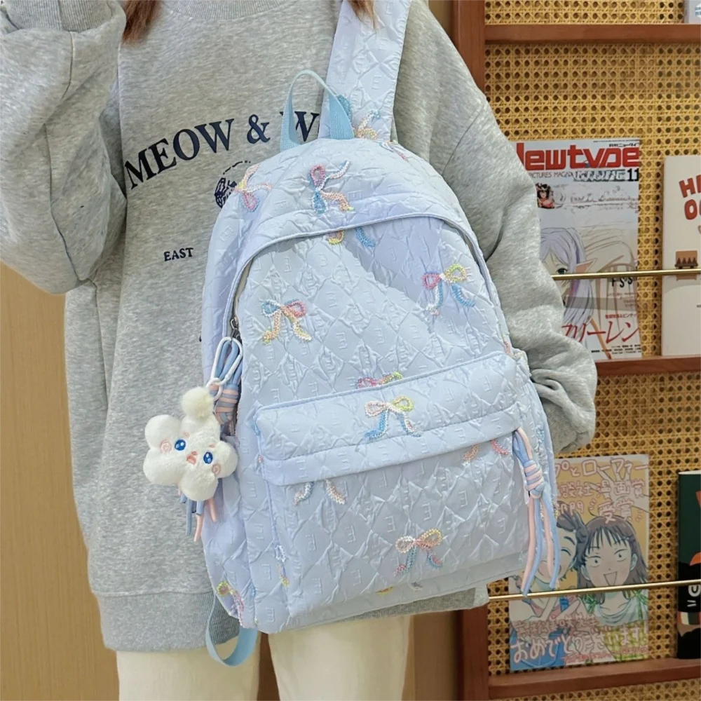 

Casual Embroidered Bow Backpack Nylon Large Capacity Students Schoolbag Multiple Pockets Wear-resistant Travel Rucksack