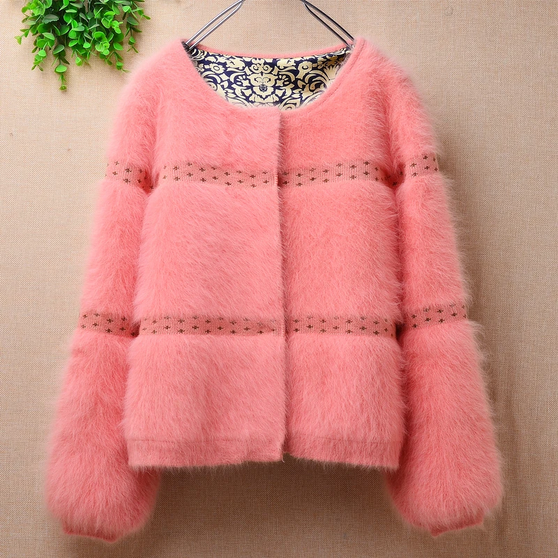 Imagem -05 - Outono Inverno Grosso Quente Senhoras Mulheres Peludo Vison Cashmere Malha Mangas Compridas Fino Cardigan Angora Pele Jaqueta Cabolsa Camisola Puxar