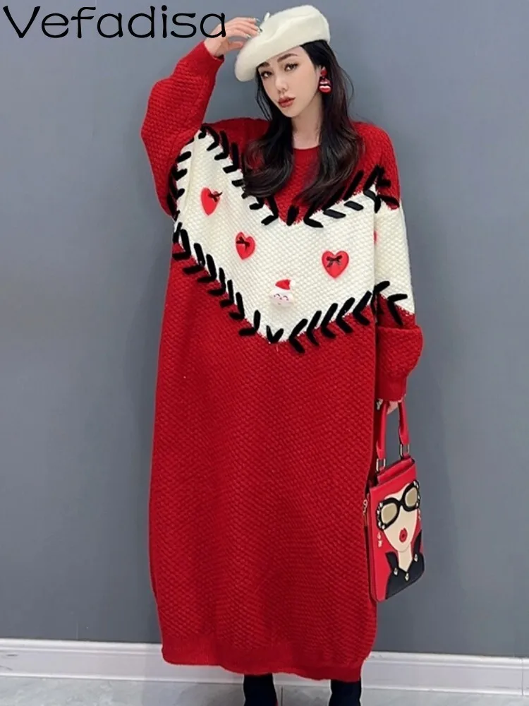 

Vefadisa Red 2024 Autumn Winter New Patchwork Women Sweater Dress O-Neck Long Sleeve For Casual Fashion Long Sweater ZXY839AF1