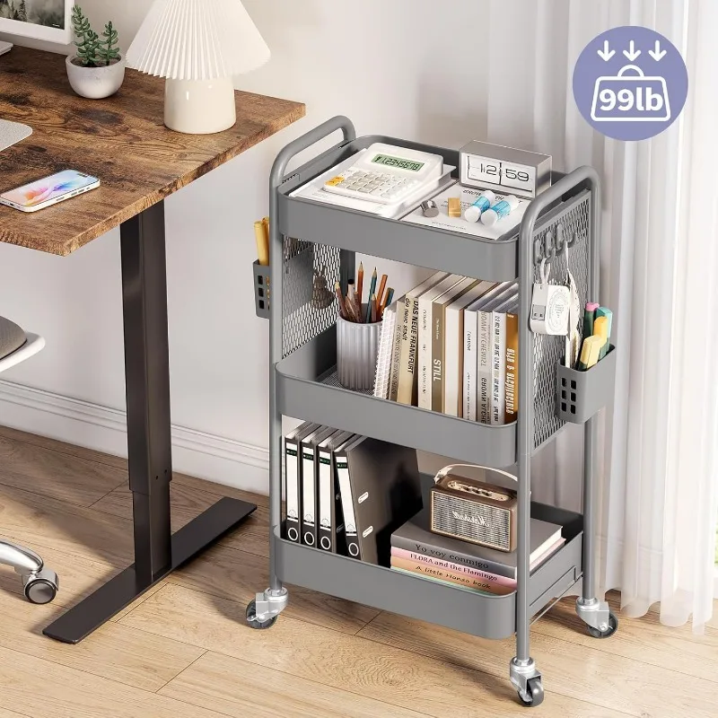 Rolling Carts with Wheels, 3 Tier Rolling Utility Cart, Metal Storage Organizer with Pegboard Hooks Bins for Bathroom Kitc