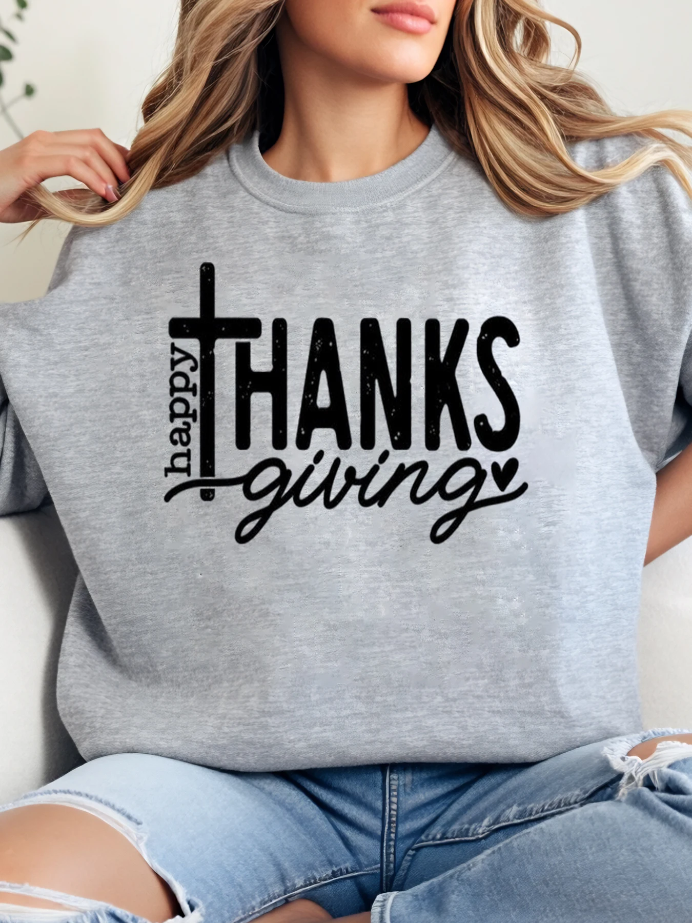 

Толстовка с круглым вырезом и крестообразным принтом «С Днем Благодарения», женская повседневная осенняя праздничная одежда, серая, больших размеров
