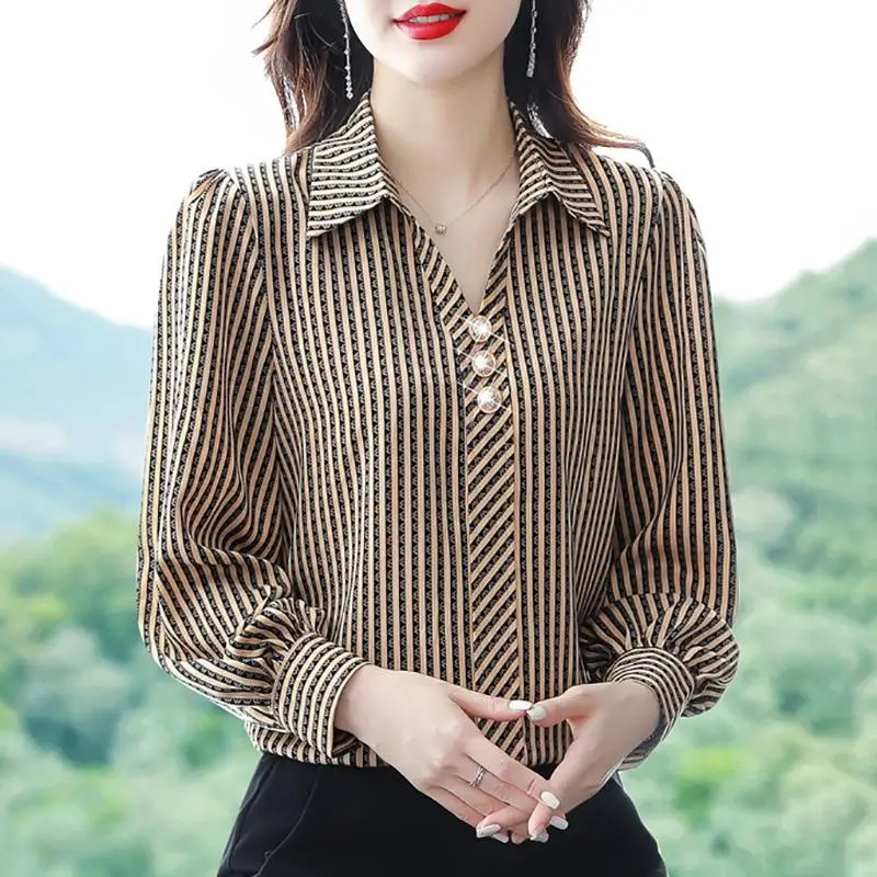 Women\'s Striped Polo Collar Long Sleeve Chiffon Shirts, Loose Temperament Top, Simplicity, Office Lady Clothes, Autumn Fashion