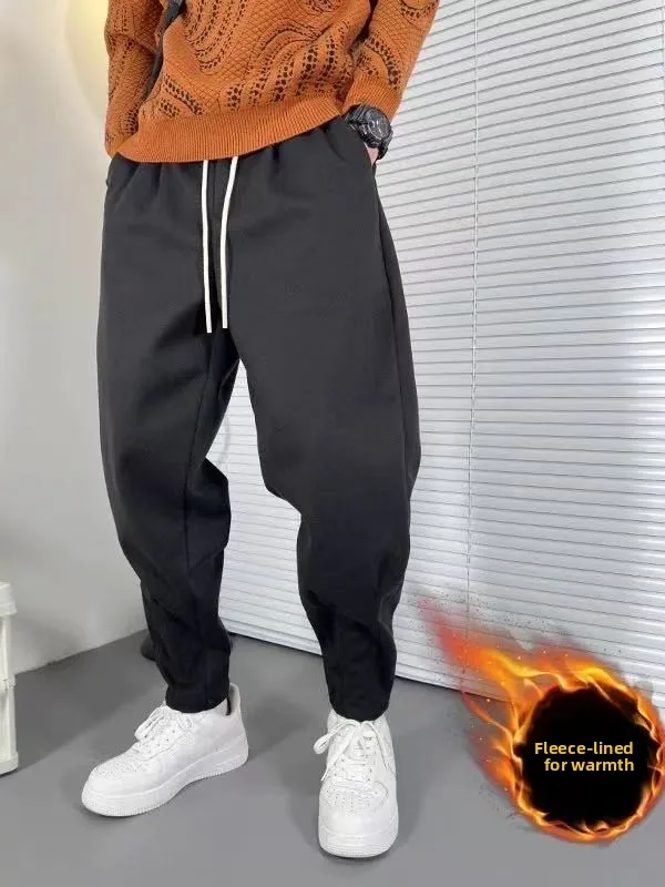 

Thiened Woolen Men's Harlan Casual Pants Autumn Winter Loose Fit Pure Color Wide Leg Pants Comfortable Warm Polyester Fiber