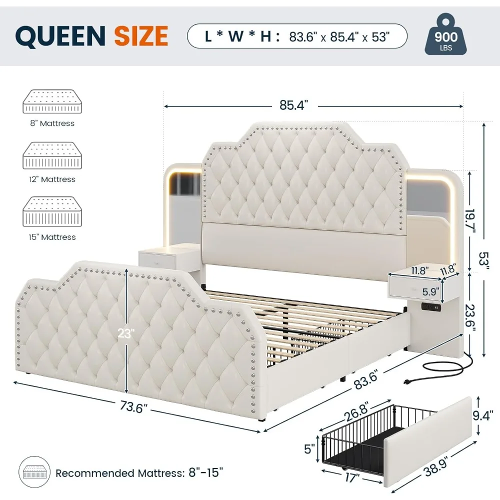 Queen Size 53” Tall Platform Bed Frame,with Deep Button Tufted Headboard and Footboard,PU Leather Upholstered Queen Bed Frame