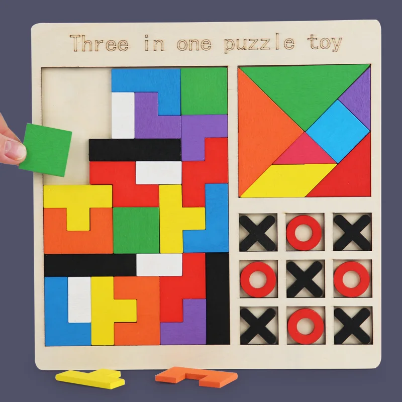 Rompecabezas de madera para niños, juego Tetris tangram, ajedrez, rompecabezas tres en uno, bloque de construcción, juguete de educación temprana, bloque de construcción