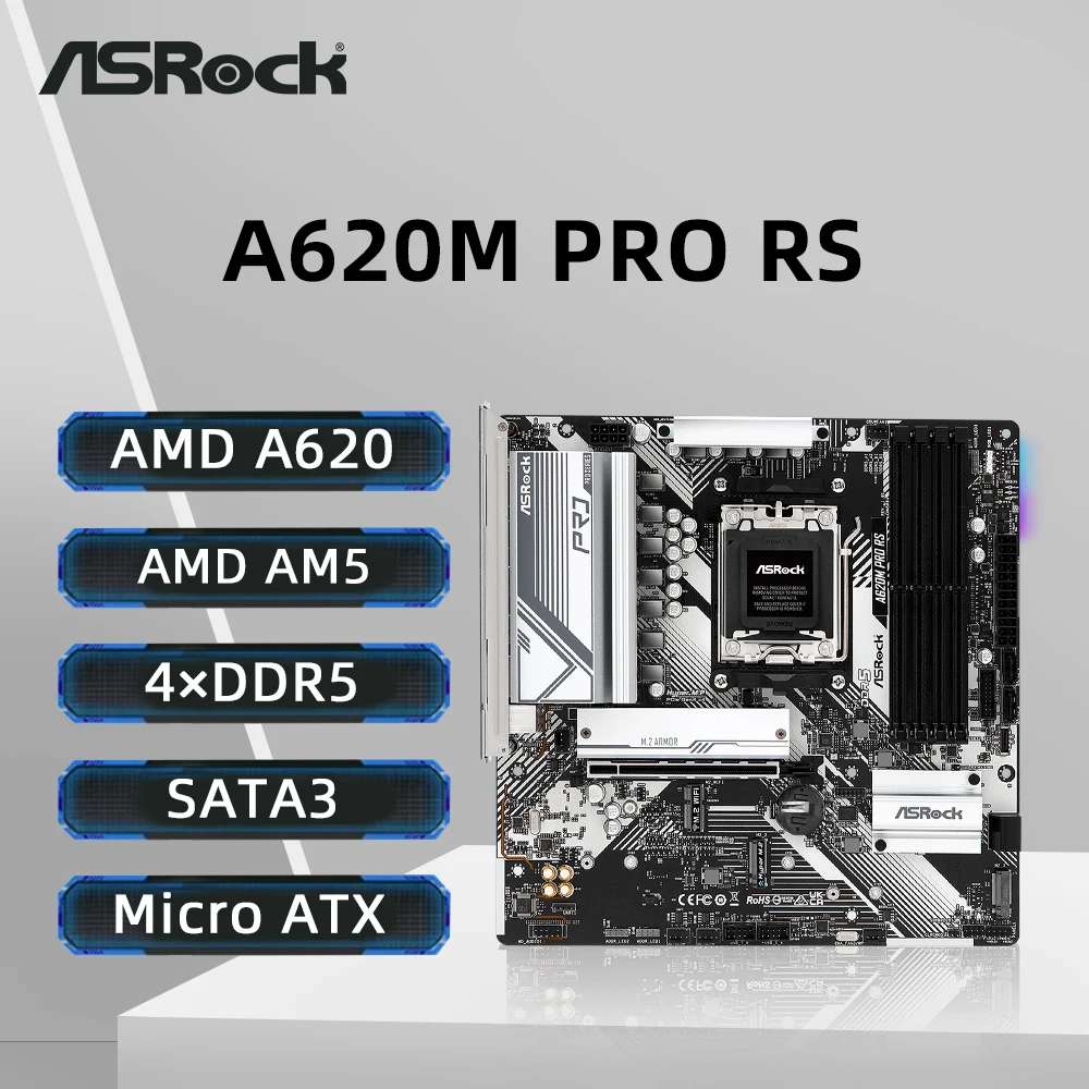 Asrock a620m pro rs placa-mãe suporte 7600x 7800x3d 8400f 9800x3d cpu 4xddr5 7200mhz 256gb hdmi nvme m.2 matx am5 placa-mãe