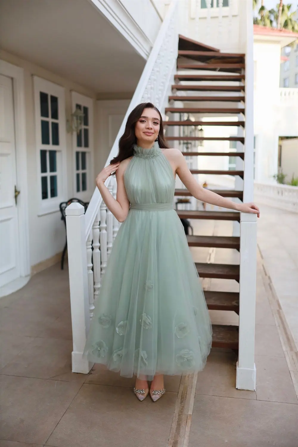 Mint Halter Flower Tea Length Tulle A Line Prom Dresses Custom Made 2024 Formal Bridal Growm Bridemaid Wear